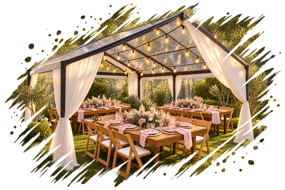 Montaje de catering CATELO con carpa transparente, mesas de madera, flores rosas y luces vintage en jardín