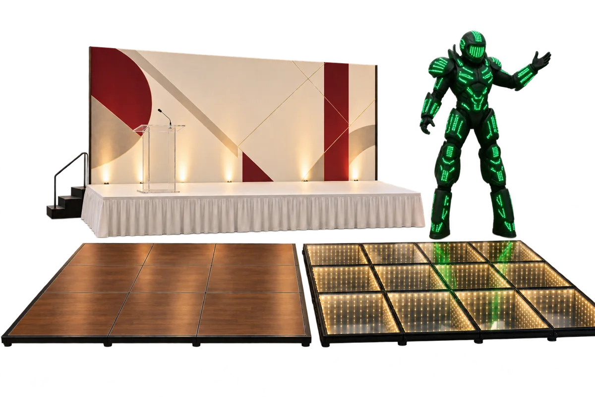Composición de pistas de baile de duela e iluminada, templete con backdrop y robot LED verde