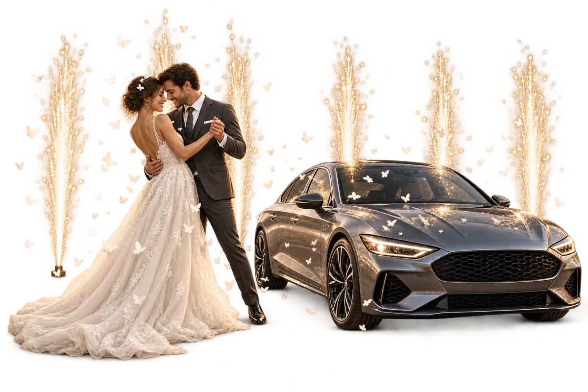 Composición de una boda y un lanzamiento automotriz con chispas y confeti blanco